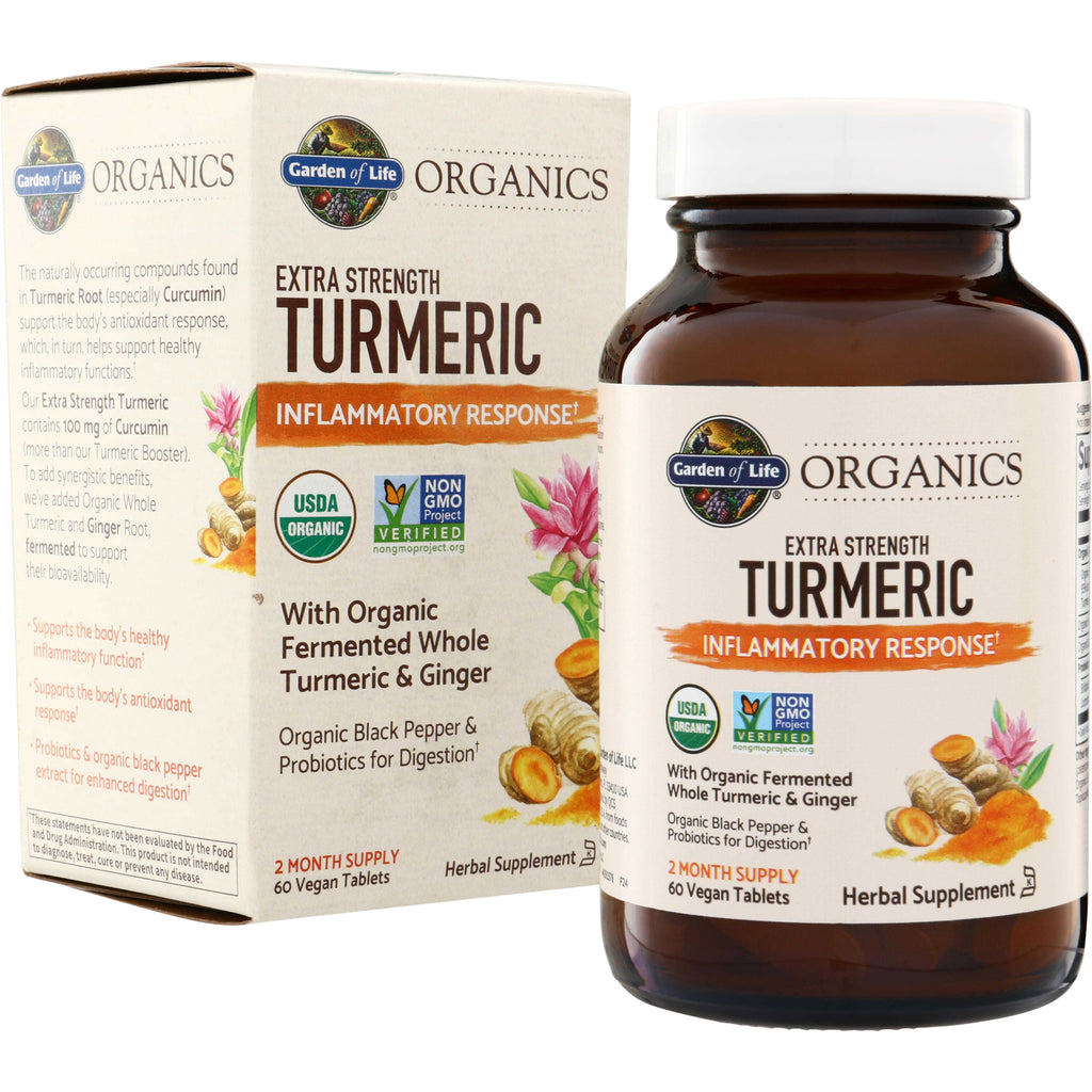 GLF255 | Garden of Life Organics Extra Strength Turmeric Inflammatory Response, bottle and box front - Thumbnail