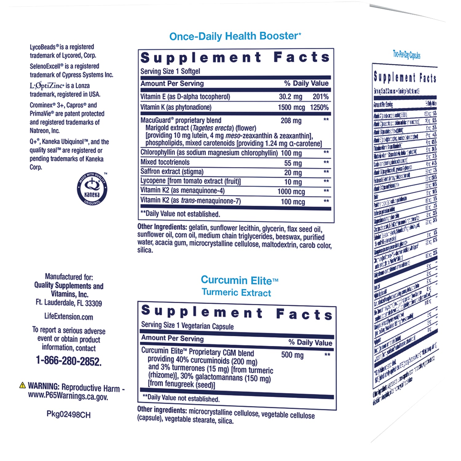 LE495 | Back of supplement box showing two Supplement Facts panels, ingredients list, warning and contact phone 1-866-280-2852