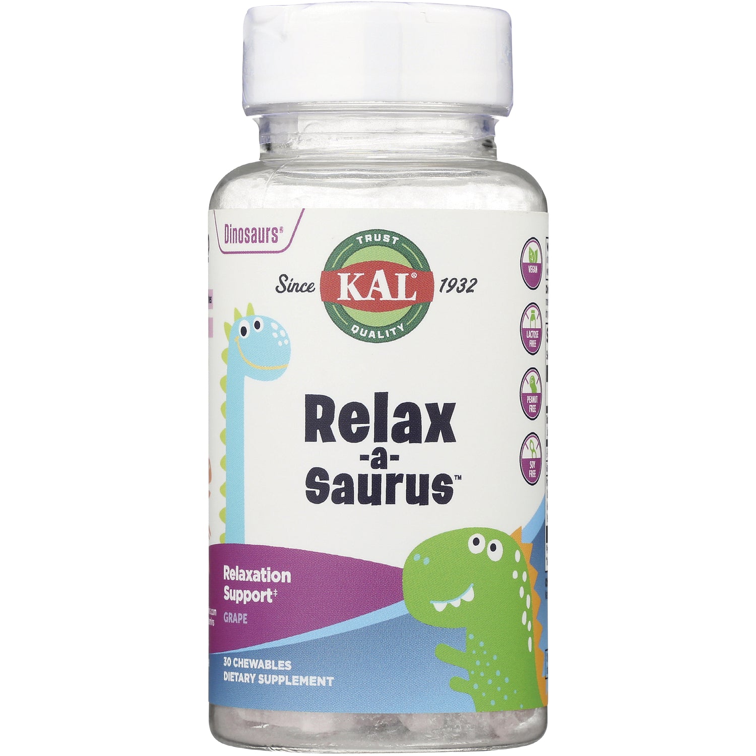 KL532 | KAL Relax-a-saurus grape chewable supplement bottle front label with dinosaur graphics, 30 chewables