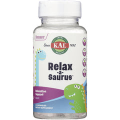 KL532 | KAL Relax-a-saurus grape chewable supplement bottle front label with dinosaur graphics, 30 chewables