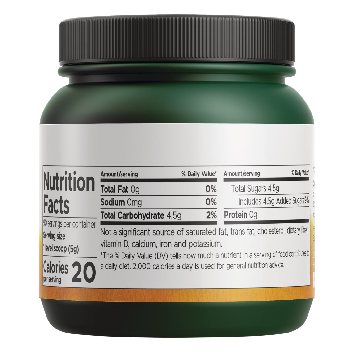 SWU478 | Back label nutrition facts panel, serving size 1 level scoop (5g), 20 calories