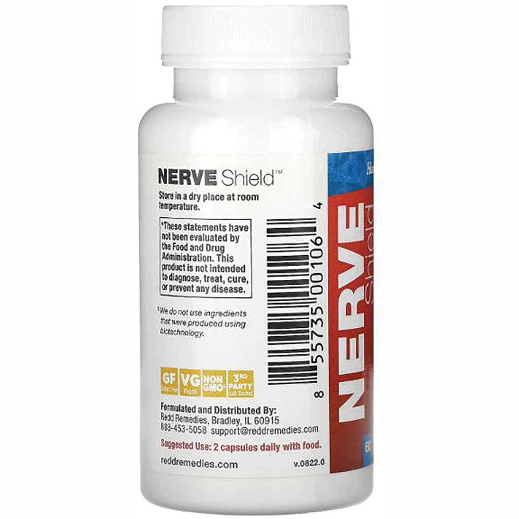 NERVE Shield back label showing barcode, FDA disclaimer, manufacturer info and suggested use 2 capsules daily with food - Thumbnail