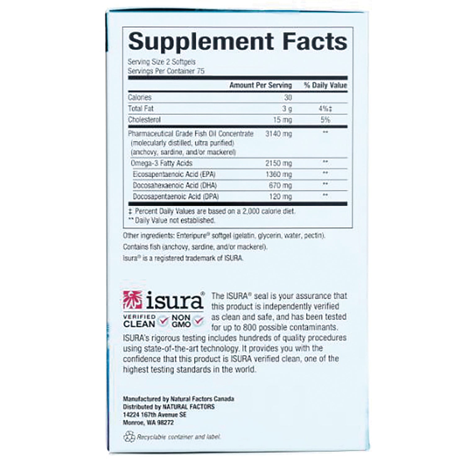 NFC117 | back panel showing Supplement Facts table with fish oil omega-3 amounts and ISURA verification text