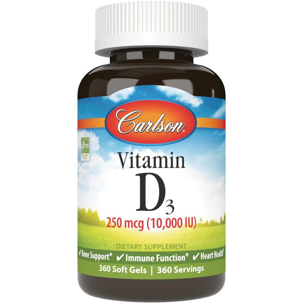 CSN299 | Carlson Vitamin D3 250 mcg (10,000 IU) bottle, 360 soft gels front label - Thumbnail