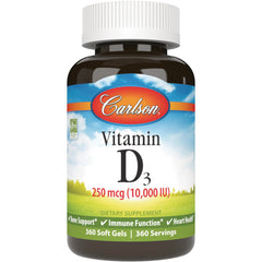 CSN299 | Carlson Vitamin D3 250 mcg (10,000 IU) bottle, 360 soft gels front label