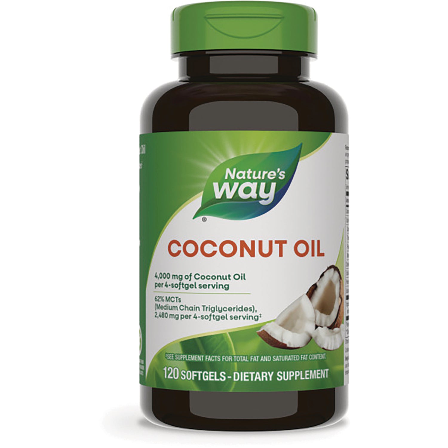 NW864 | Nature's Way coconut oil softgels bottle, front label reads COCONUT OIL and 120 softgels