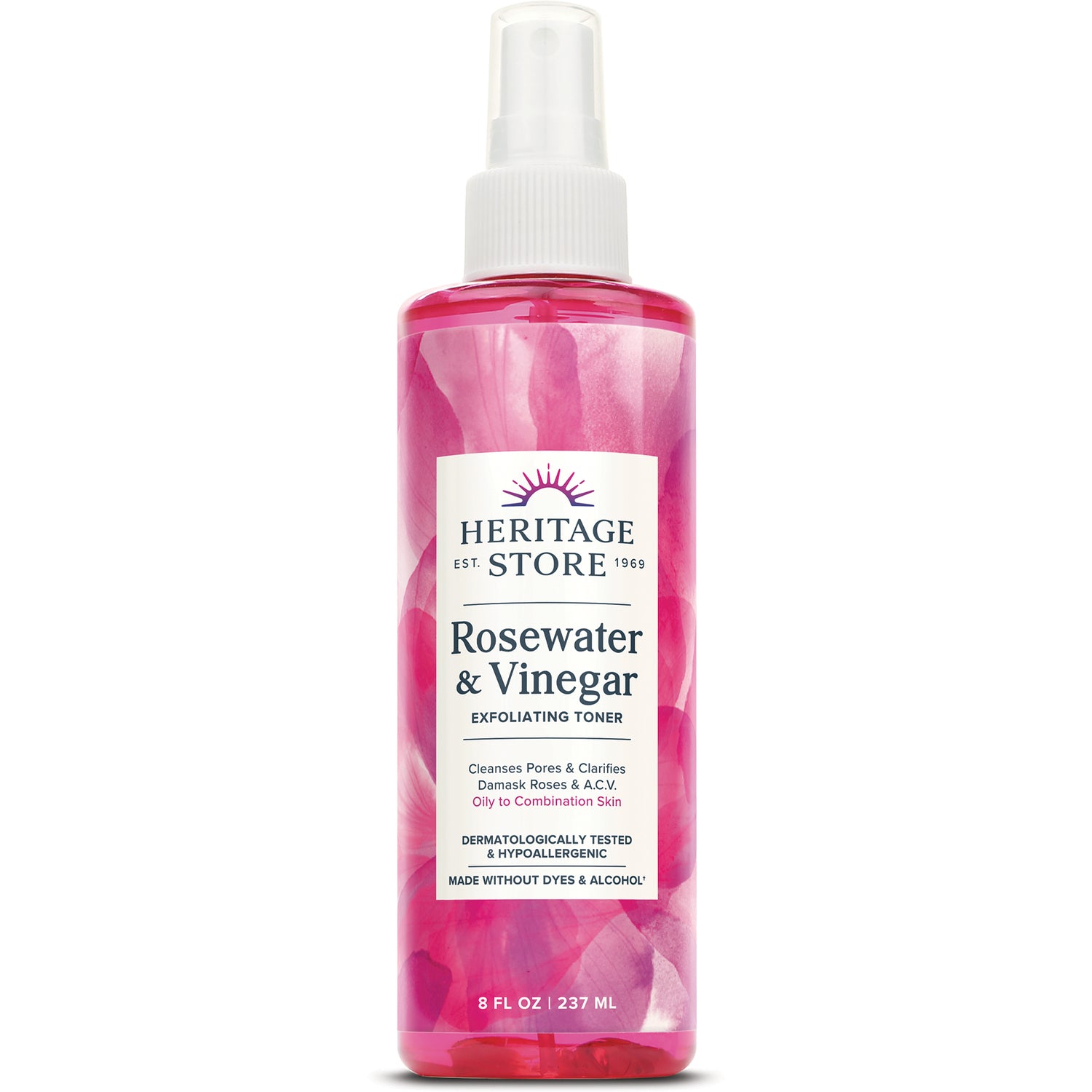 HTG110 | Heritage Store Rosewater & Vinegar exfoliating toner spray, 8 fl oz pink bottle