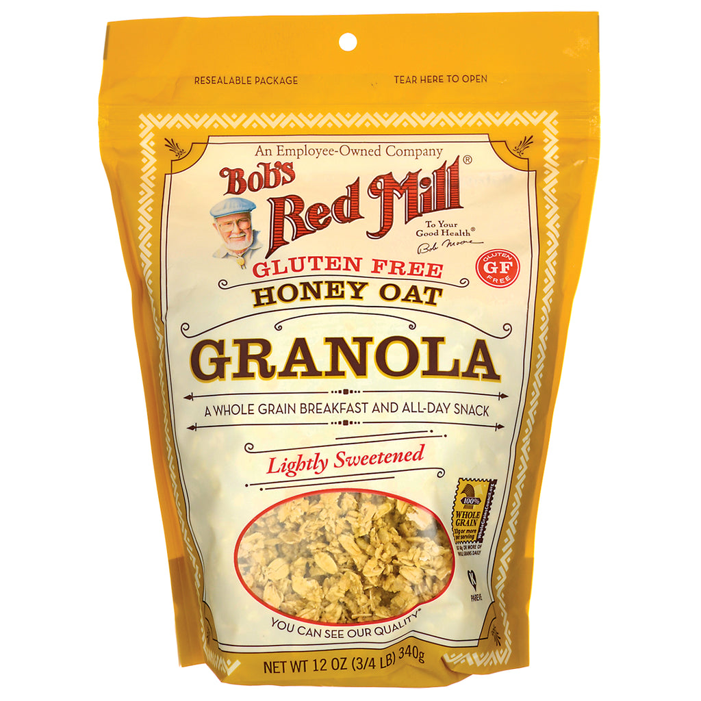 BOB217 | Bob's Red Mill gluten free honey oat granola bag, lightly sweetened, front view with product window - Thumbnail