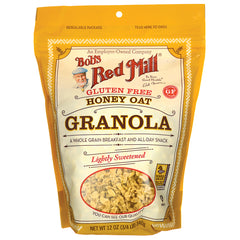 BOB217 | Bob's Red Mill gluten free honey oat granola bag, lightly sweetened, front view with product window