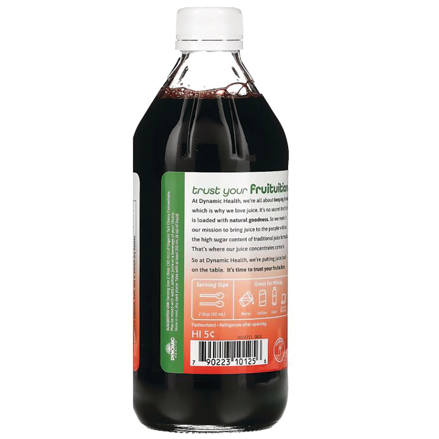 DYH022 | Back of dark juice bottle showing label with serving size icons, barcode, and ingredient text