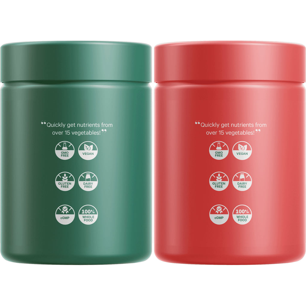 CDG012 | Back of green and red supplement jars showing Quickly get nutrients from over 15 vegetables! and icons labeled GMO FREE, VEGAN, GLUTEN FREE, DAIRY FREE, cGMP, 100% WHOLE FOOD - Thumbnail