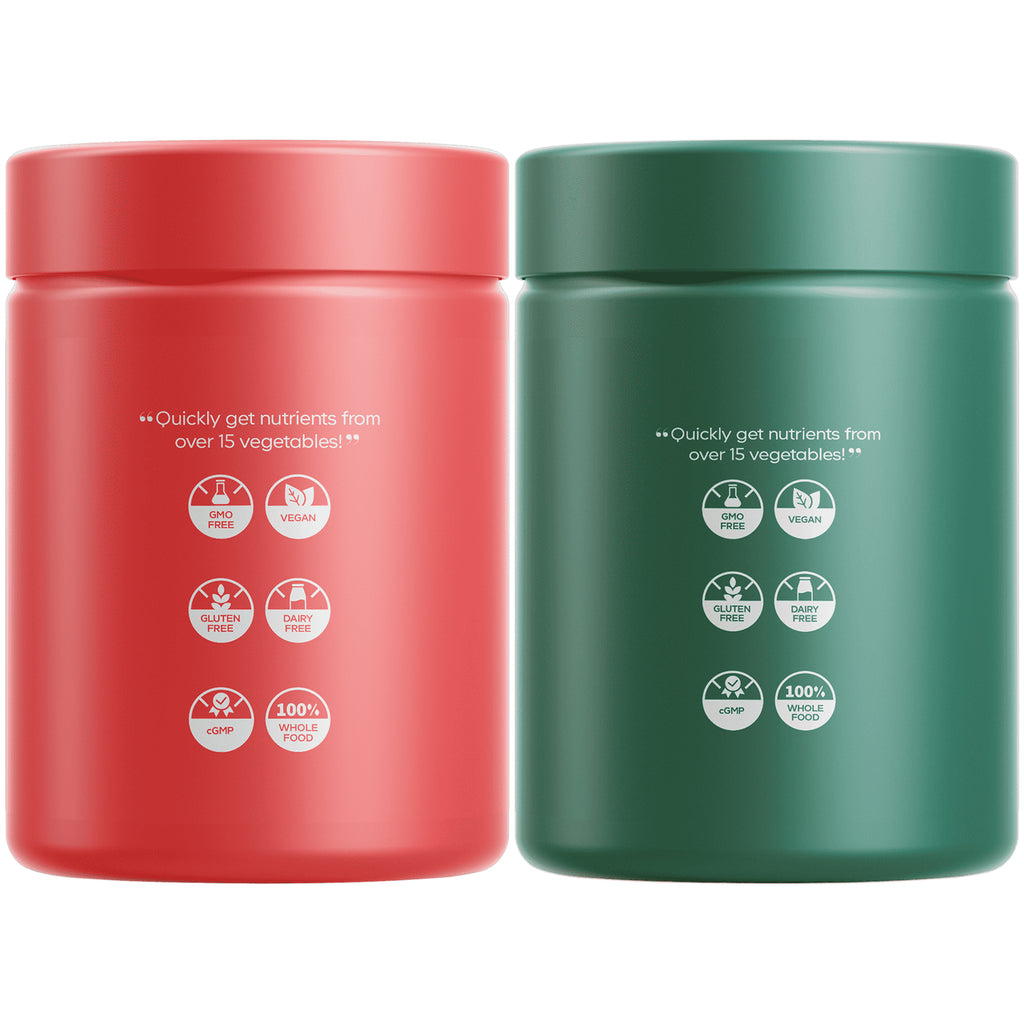 CDG012 | Back of green and red supplement jars showing Quickly get nutrients from over 15 vegetables! and icons labeled GMO FREE, VEGAN, GLUTEN FREE, DAIRY FREE, cGMP, 100% WHOLE FOOD - Thumbnail