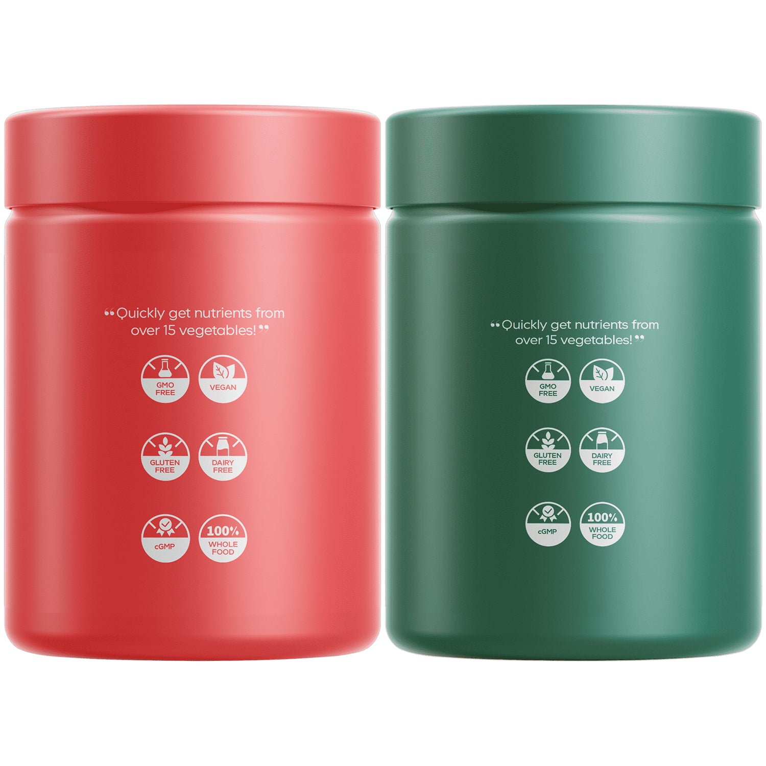 CDG012 | Back of green and red supplement jars showing Quickly get nutrients from over 15 vegetables! and icons labeled GMO FREE, VEGAN, GLUTEN FREE, DAIRY FREE, cGMP, 100% WHOLE FOOD