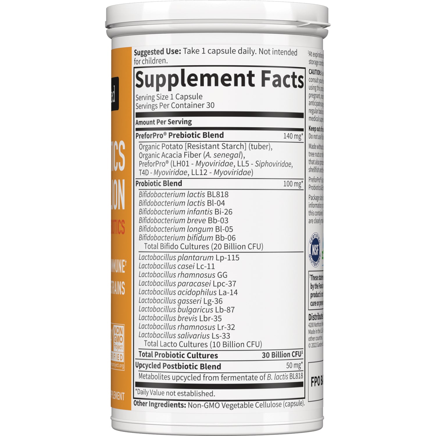 GLF373 | Back label showing Supplement Facts panel with serving size, prebiotic and probiotic blends and ingredients