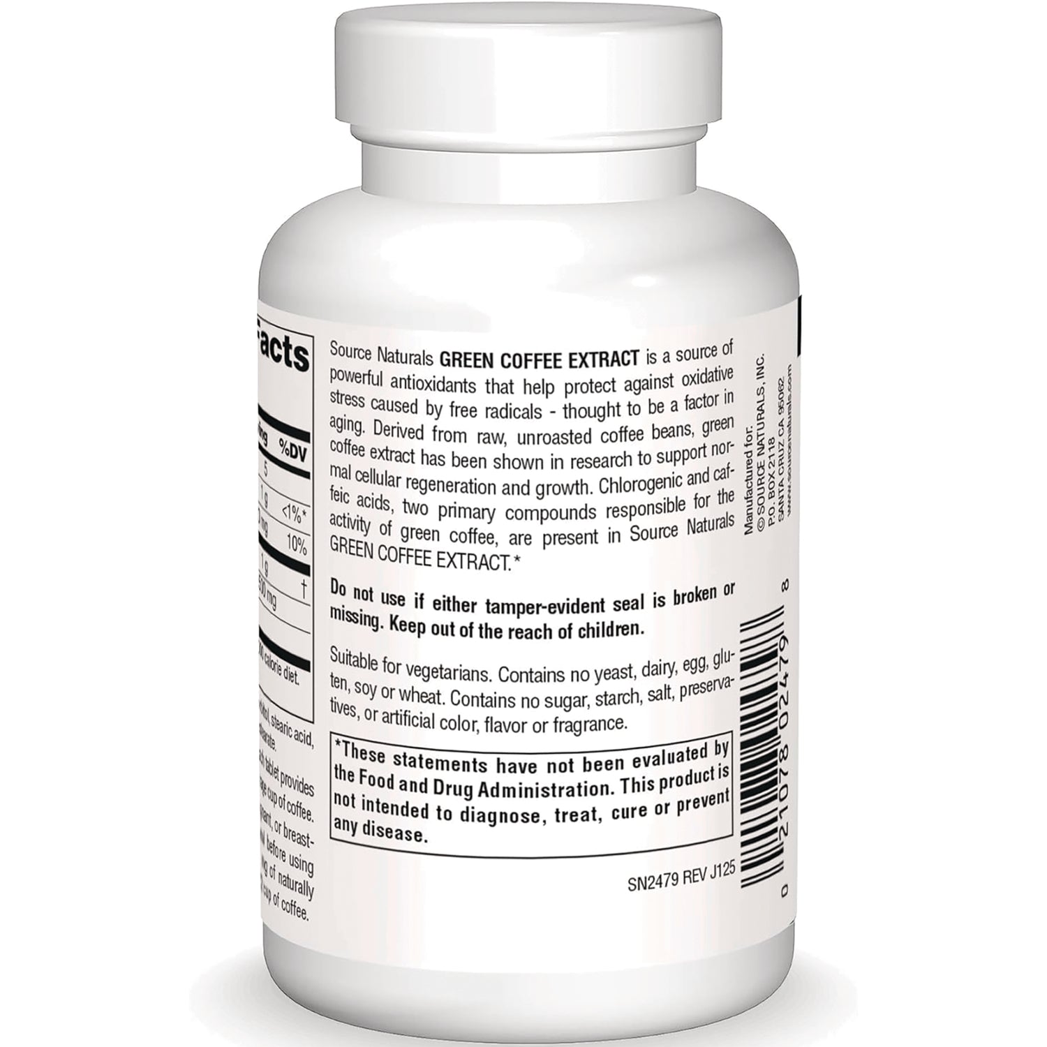 SN428 | Back label with Green Coffee Extract description, warnings, FDA statement, and barcode