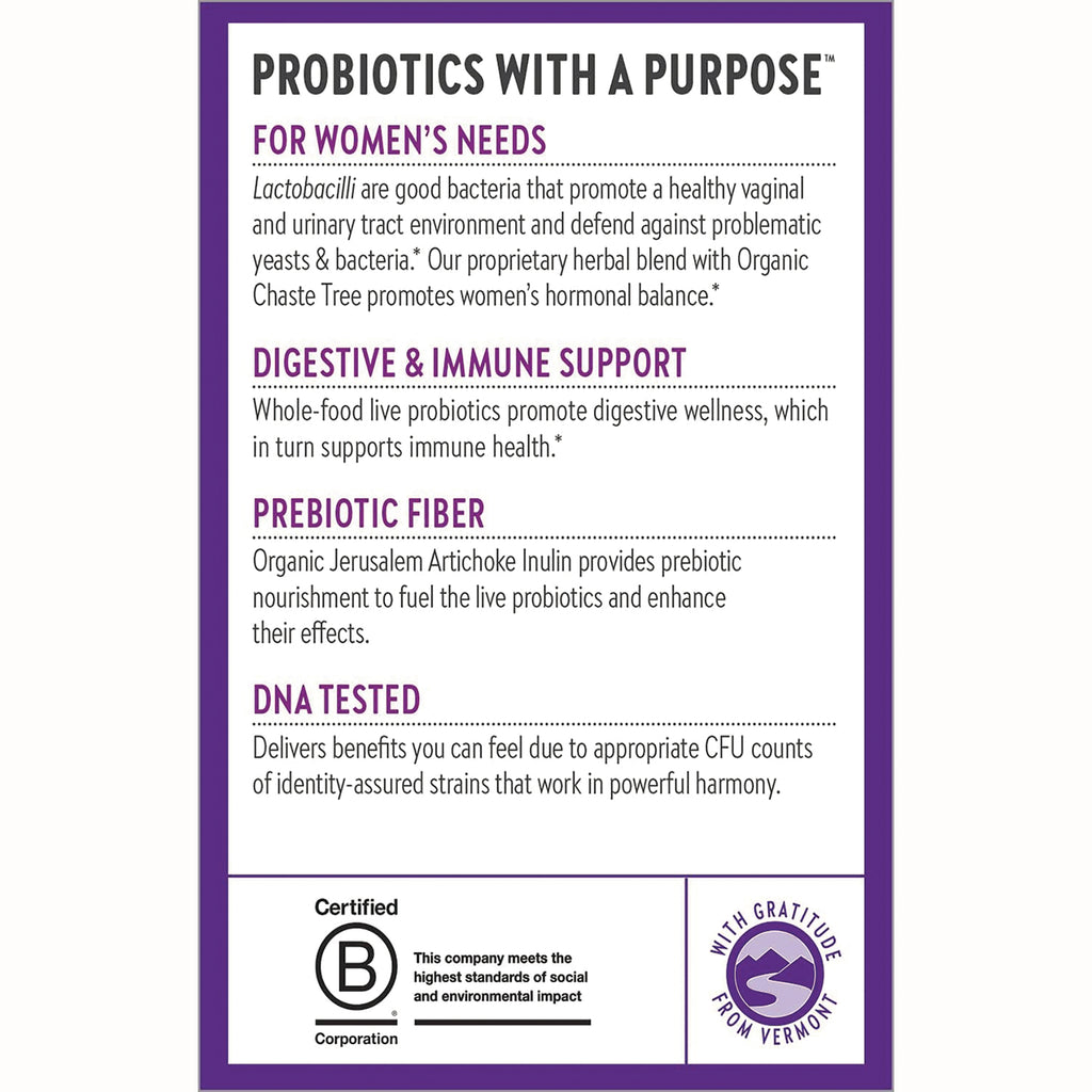 NWC322 | back label listing probiotics benefits: for women's needs, digestive & immune support, prebiotic fiber, DNA tested, Certified B logo - Thumbnail