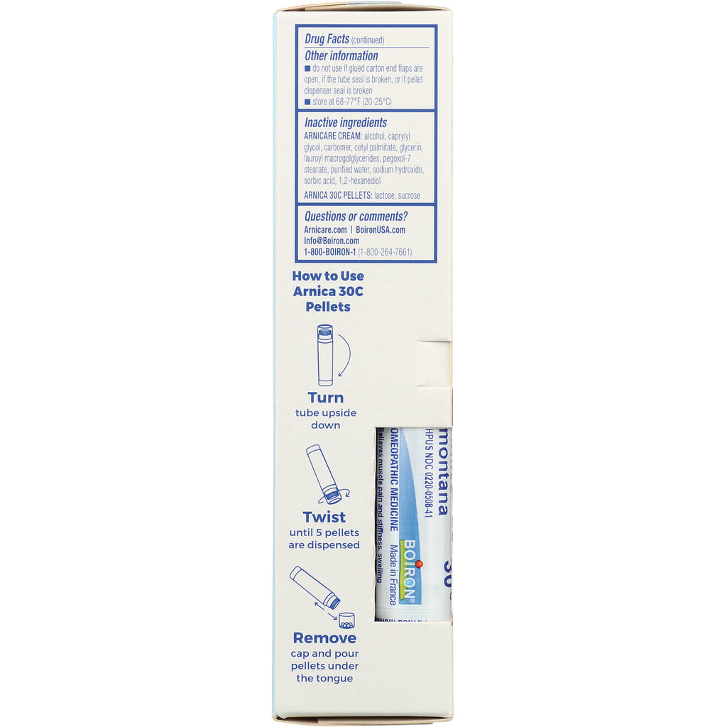 BRN037 | Back panel showing drug facts, inactive ingredients and how-to-use illustrations for Arnica 30C pellets with partial tube visible - Thumbnail