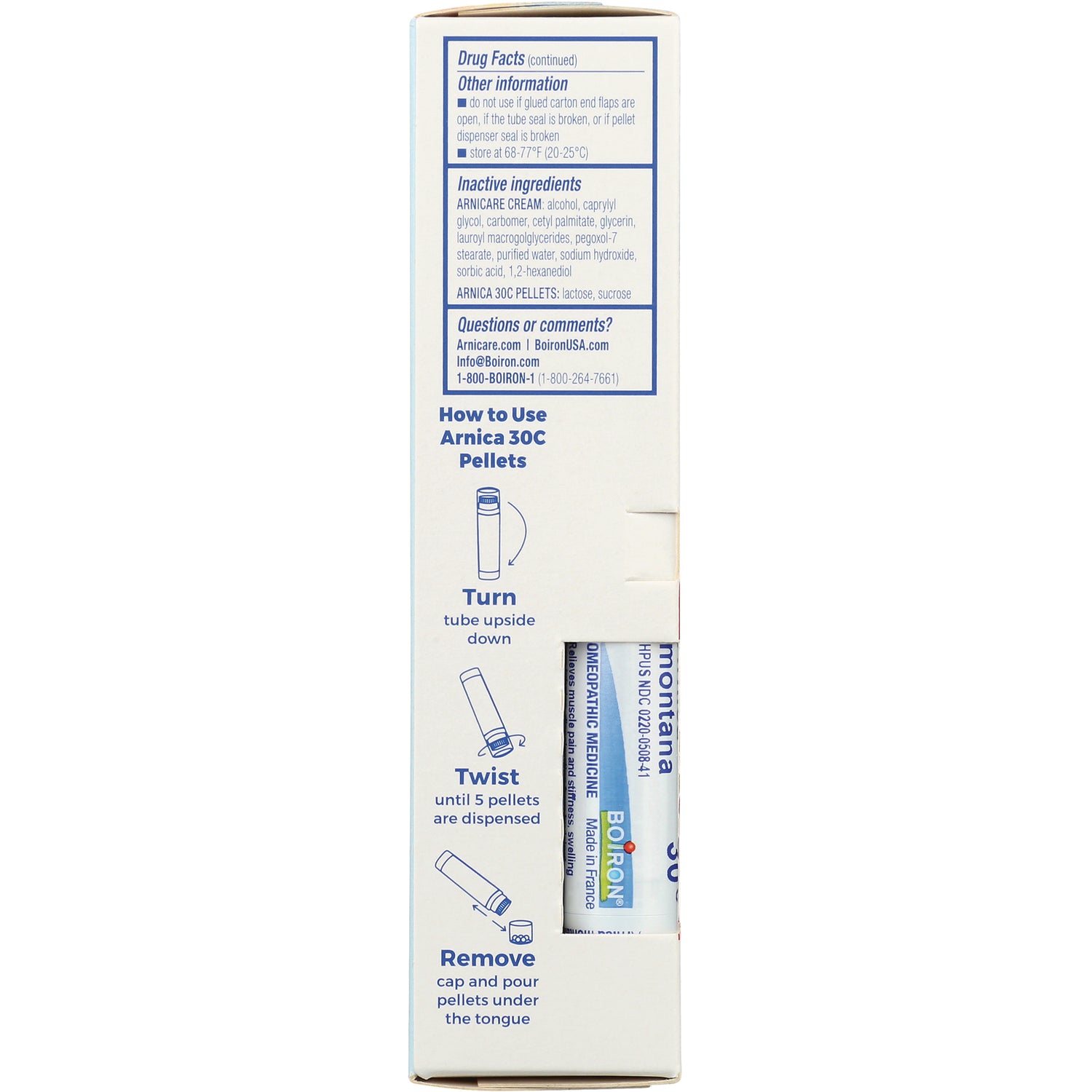 BRN037 | Back panel showing drug facts, inactive ingredients and how-to-use illustrations for Arnica 30C pellets with partial tube visible
