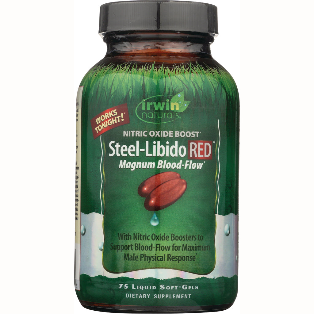 IR077 | Irwin Naturals Steel-Libido RED bottle, Magnum Blood-Flow dietary supplement label, 75 liquid soft-gels - Thumbnail