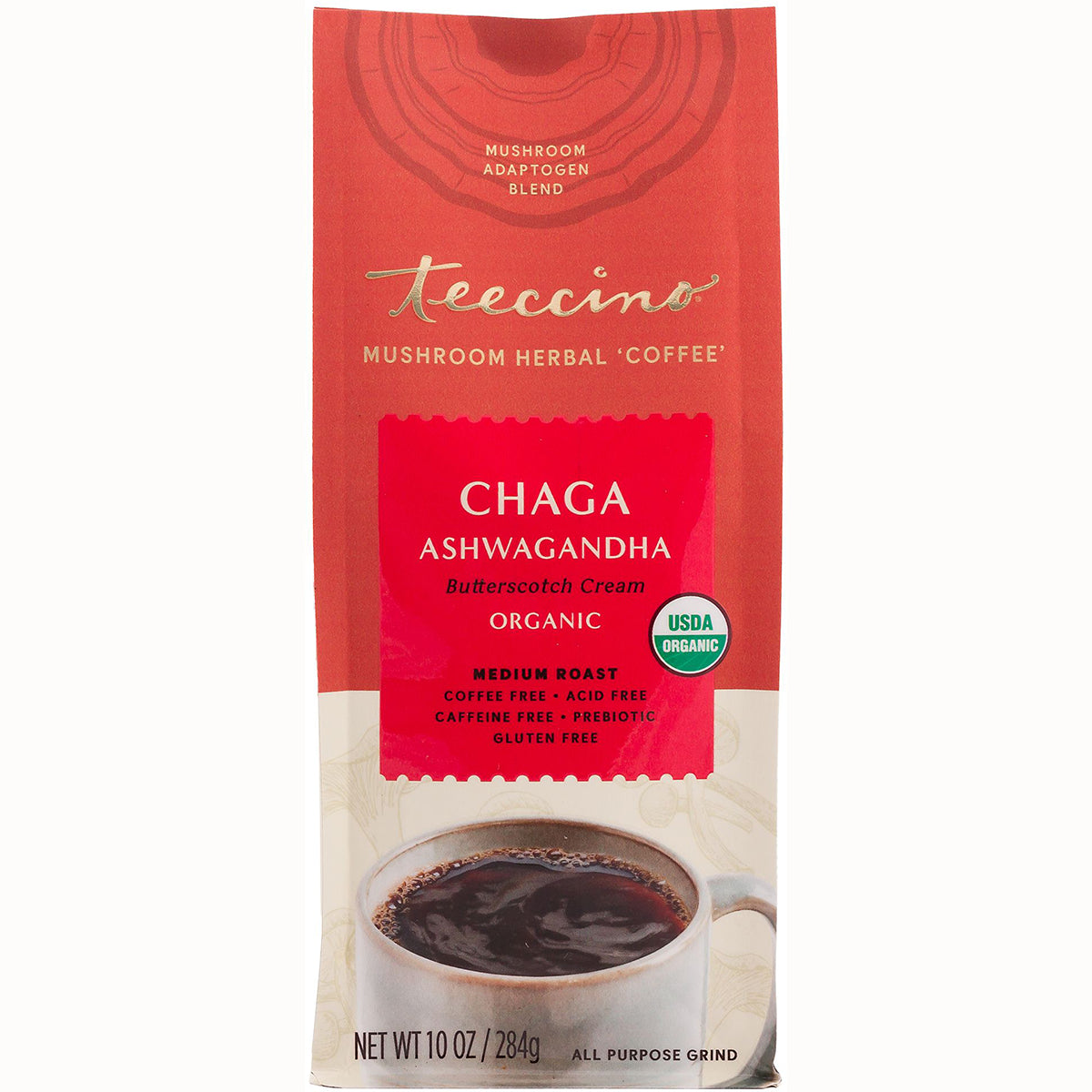 TCN022 | Teeccino Mushroom Herbal 'Coffee' Chaga Ashwagandha Butterscotch Cream, organic medium roast, 10 oz bag