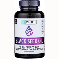 ZOU001 | Zhou Black Seed Oil supplement bottle, 60 veggie capsules, 100% pure virgin, unrefined and cold pressed