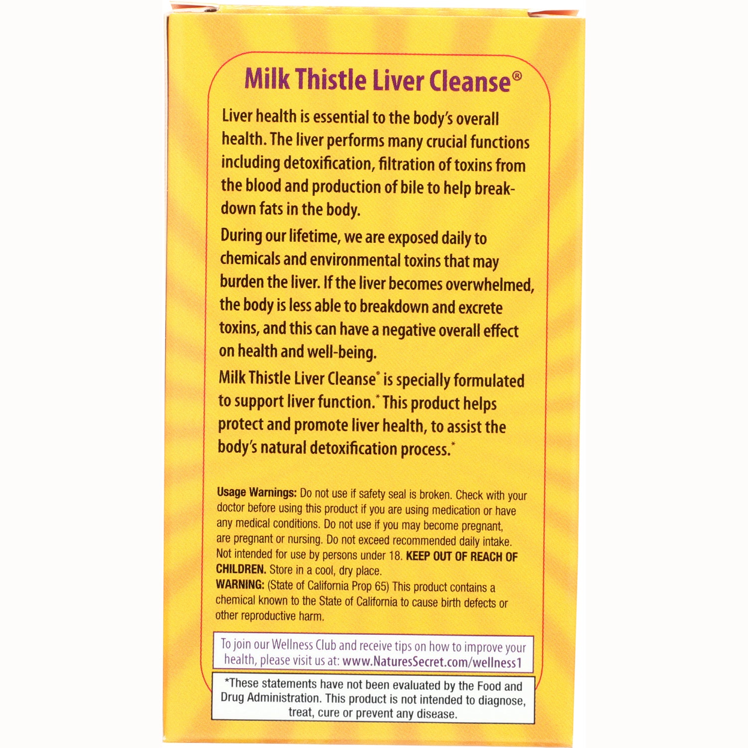 NTS28 | Back of yellow Milk Thistle Liver Cleanse box showing product description, usage warnings and directions