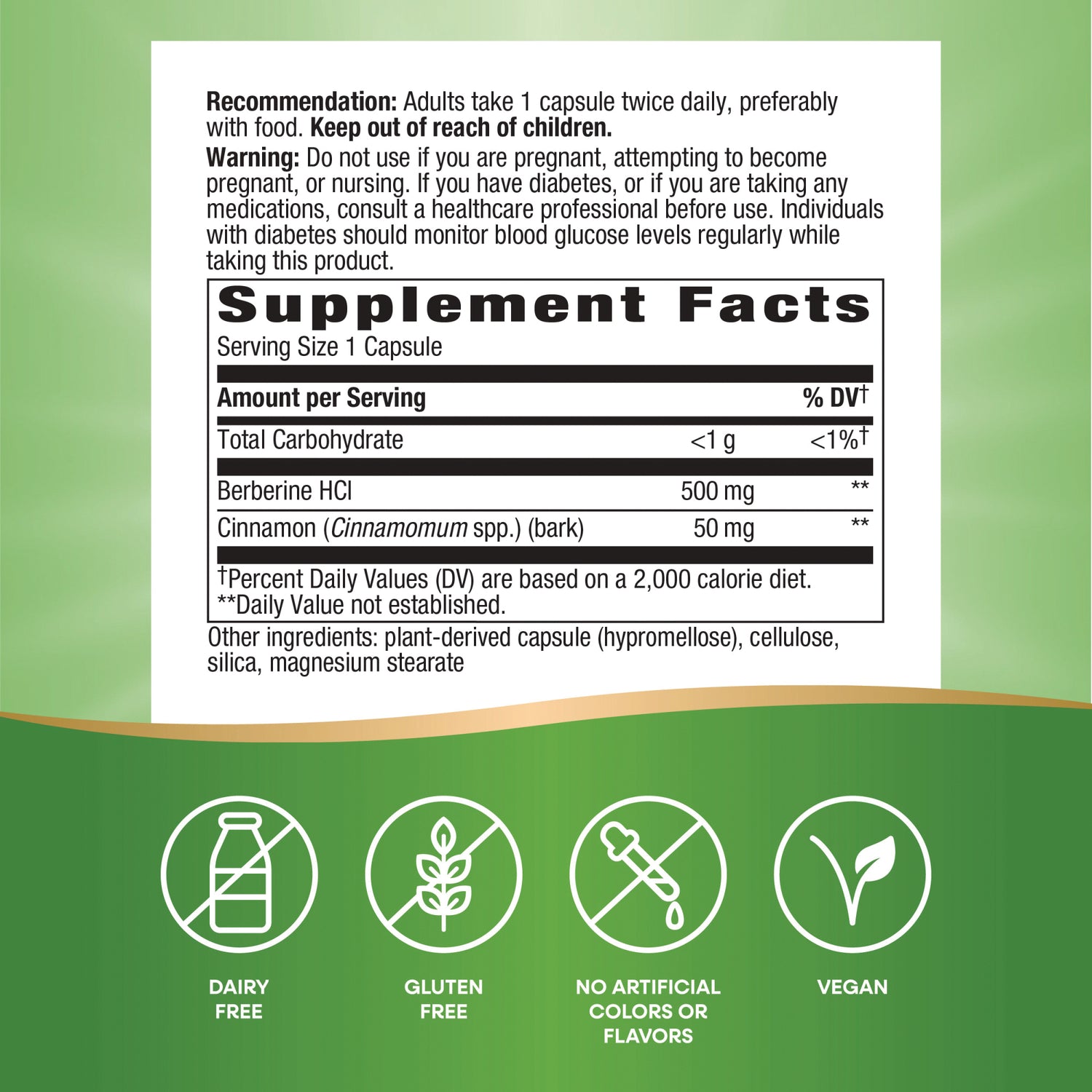 NW1065 | supplement facts panel listing Berberine HCl 500 mg, Cinnamon 50 mg; dairy free, gluten free, vegan icons