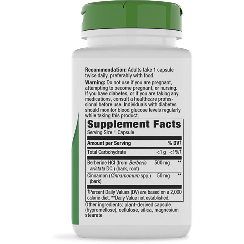 NW1065 | supplement facts panel listing Berberine HCl 500 mg, Cinnamon 50 mg; dairy free, gluten free, vegan icons - Thumbnail