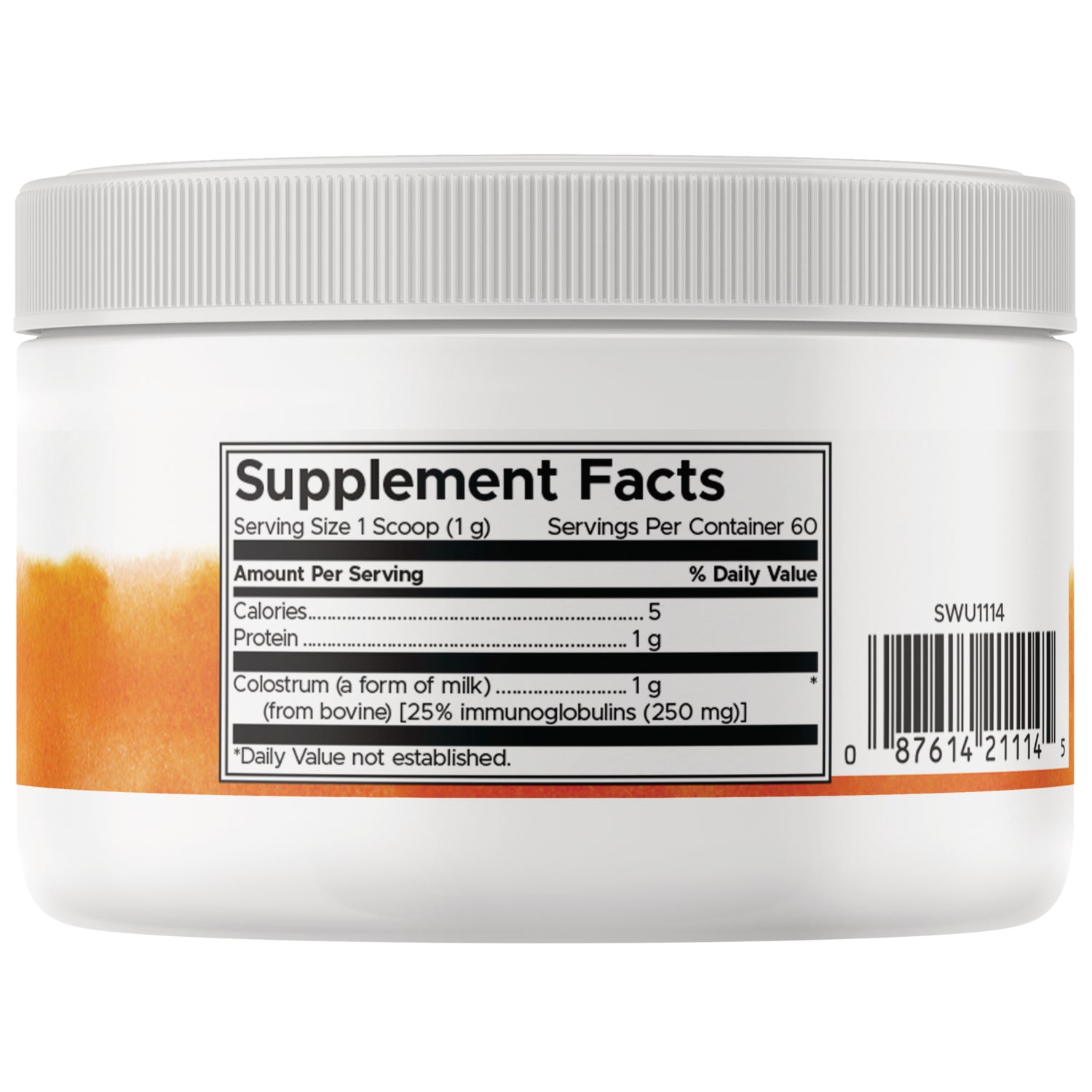 SWU1114 | Back of white supplement jar showing Supplement Facts label, nutrition facts and barcode