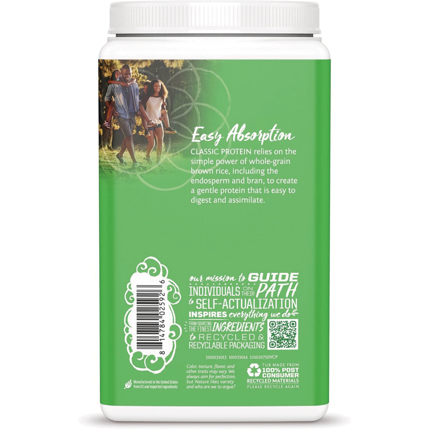 SNW028 | Back of green protein powder tub with Easy Absorption copy, barcode, and sustainability icons