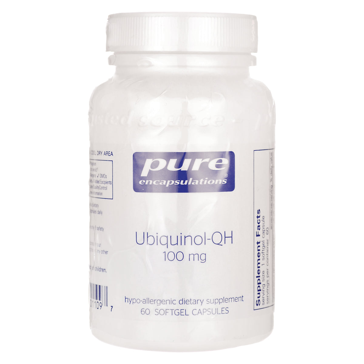 PRN087 | Pure Encapsulations Ubiquinol-QH 100 mg white supplement bottle, 60 softgel capsules front view