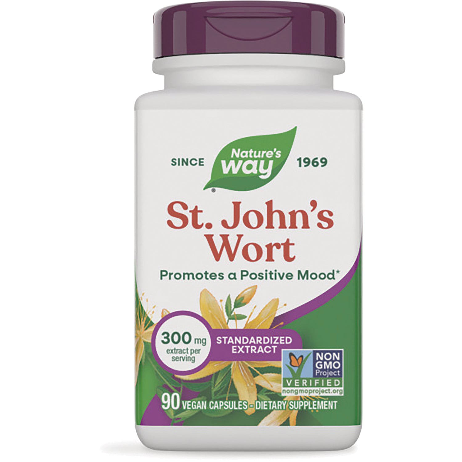 NW533 | Nature's Way St. John's Wort supplement bottle, 90 vegan capsules, 300 mg standardized extract, Non-GMO
