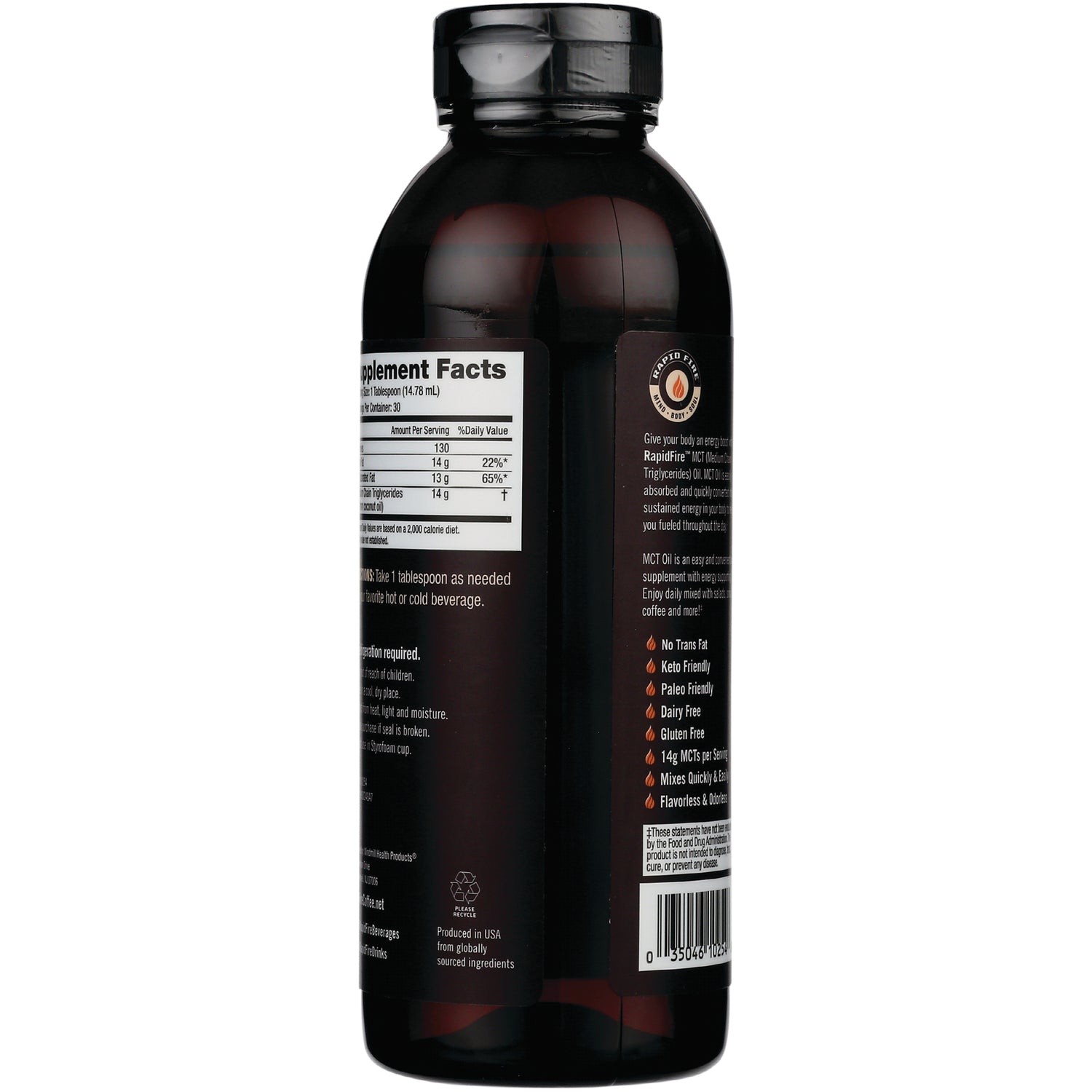 RPF001 | Back of dark brown supplement bottle showing supplement facts panel, ingredient text, and barcode