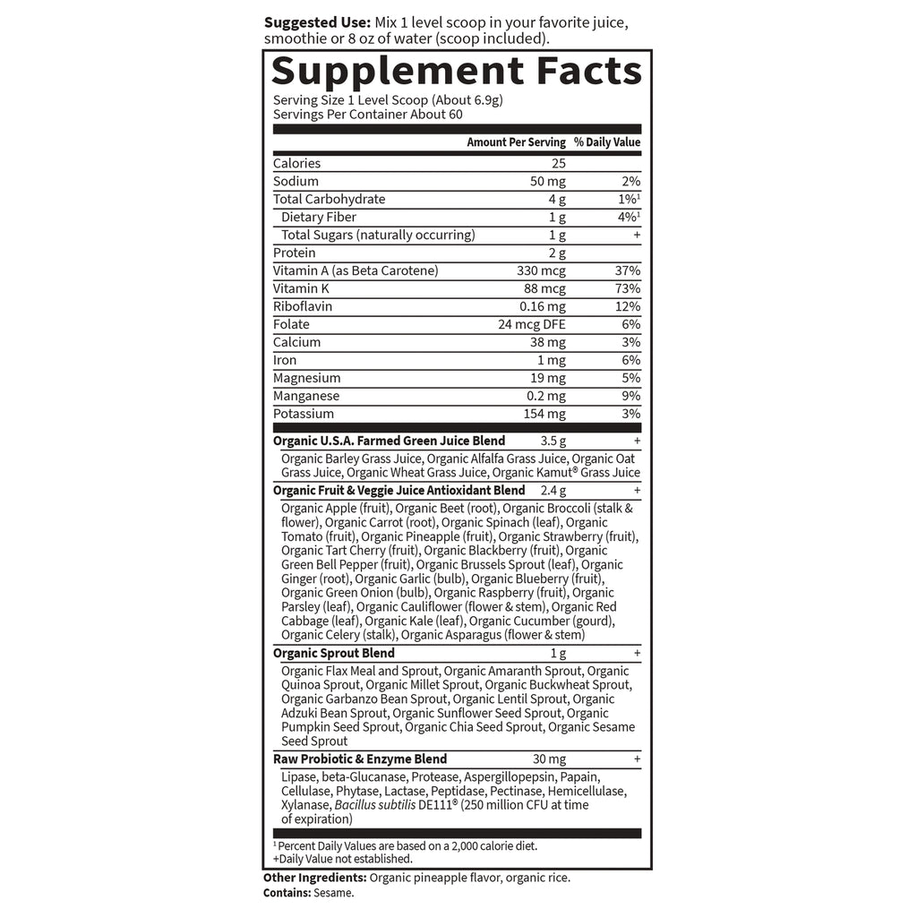 GLF170 | Supplement Facts nutrition panel and detailed ingredient list for green juice powder, serving size and blends - Thumbnail