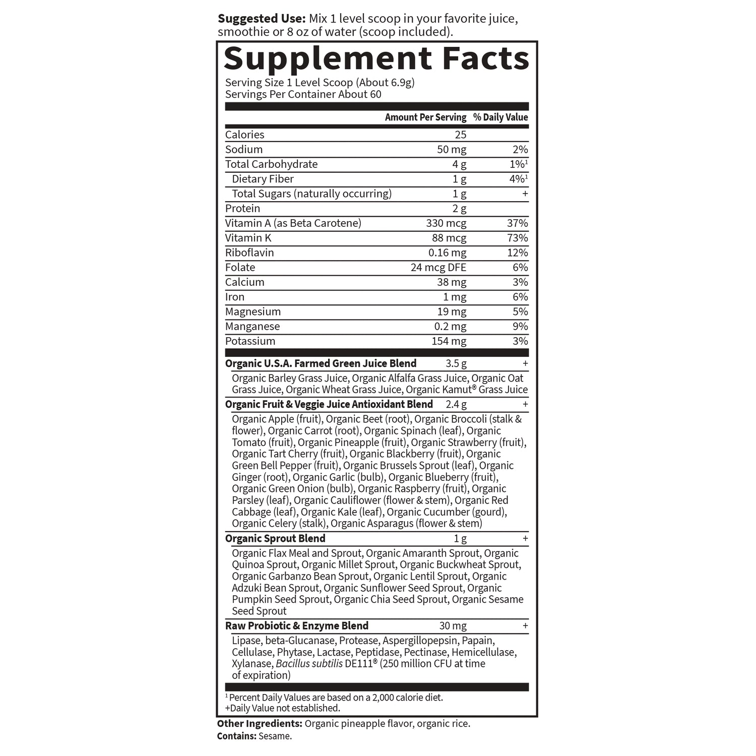 GLF170 | Supplement Facts nutrition panel and detailed ingredient list for green juice powder, serving size and blends