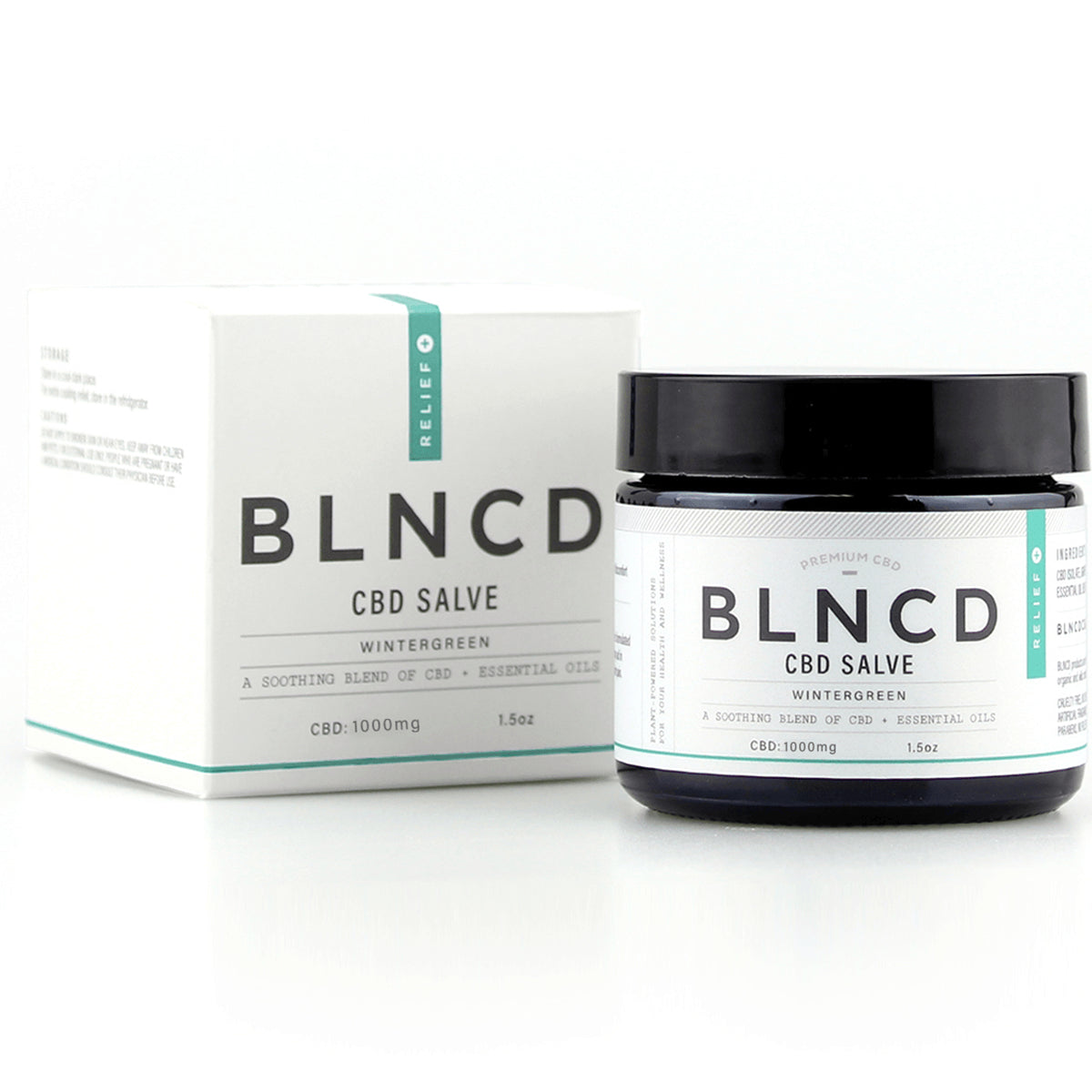 BLN001 | BLNCD CBD Salve wintergreen jar and box front label showing CBD:1000mg 1.5oz