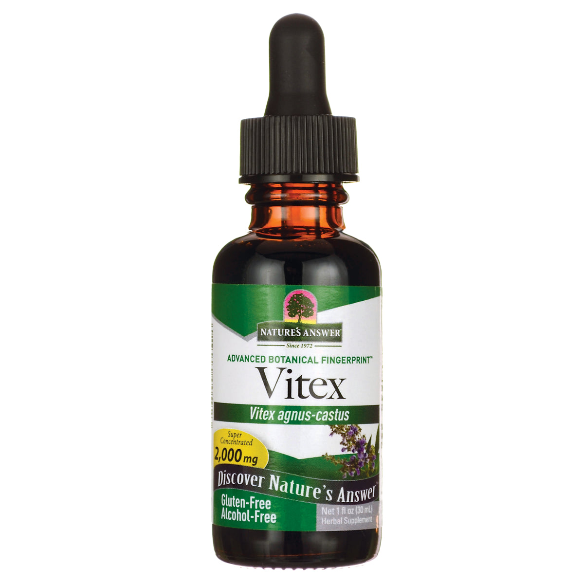 NAT098 | Amber dropper bottle of Vitex herbal supplement label reading Vitex, 2,000 mg, gluten-free alcohol-free