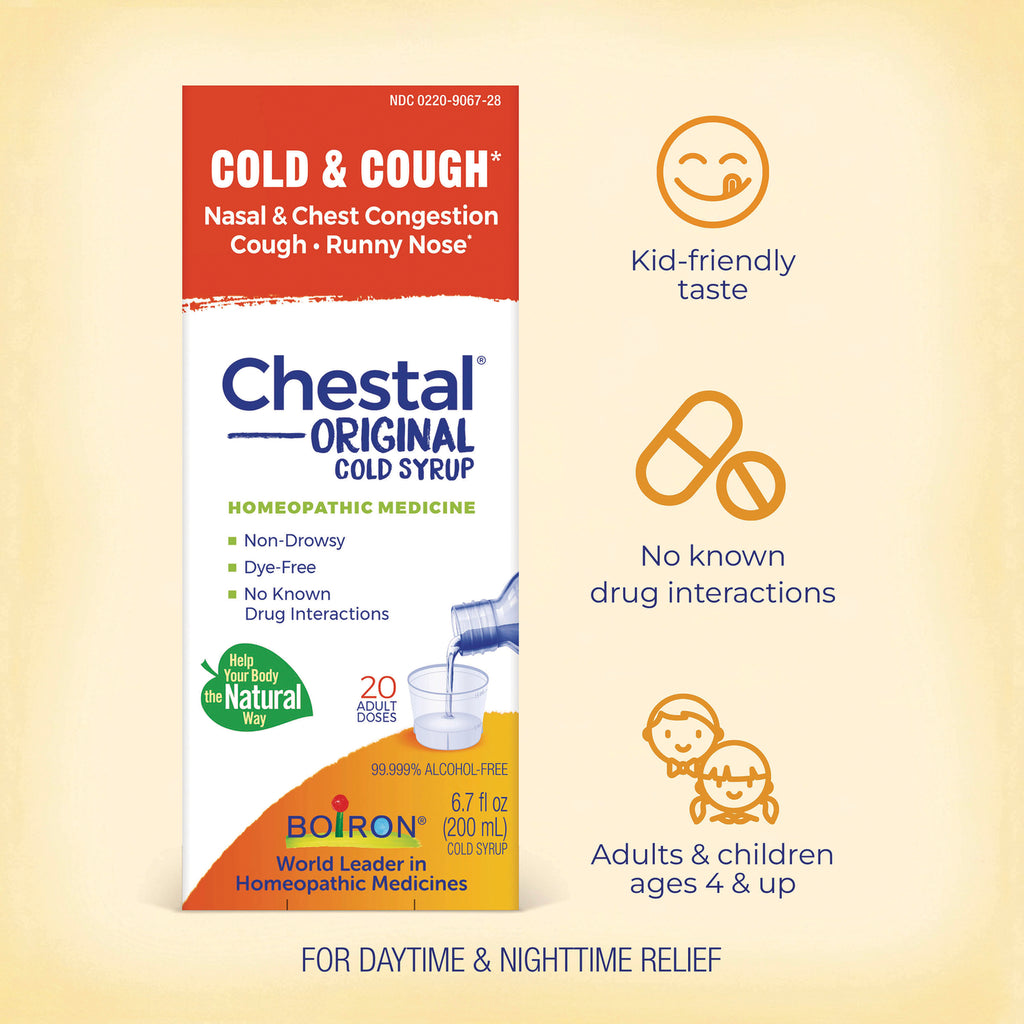 BRN136 | Back of Chestal Original cold syrup box with cold & cough label, kid-friendly taste, no known drug interactions, ages 4+ - Thumbnail