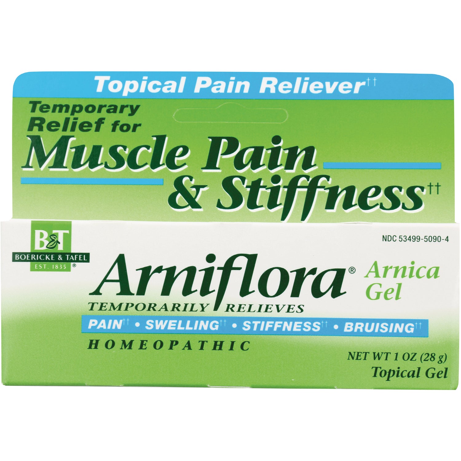 BRK007 | Arniflora Arnica Gel front packaging labeled temporarily relieves muscle pain & stiffness, pain swelling stiffness bruising