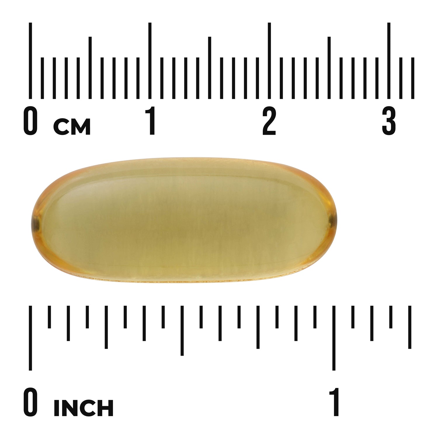 SW1253 | Golden translucent softgel capsule shown with centimeter and inch rulers for size reference