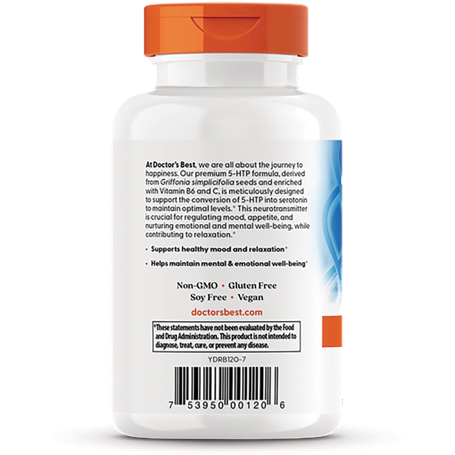 DB071 | Back label of white supplement bottle showing product description, Non-GMO Gluten Free Soy Free Vegan text and barcode