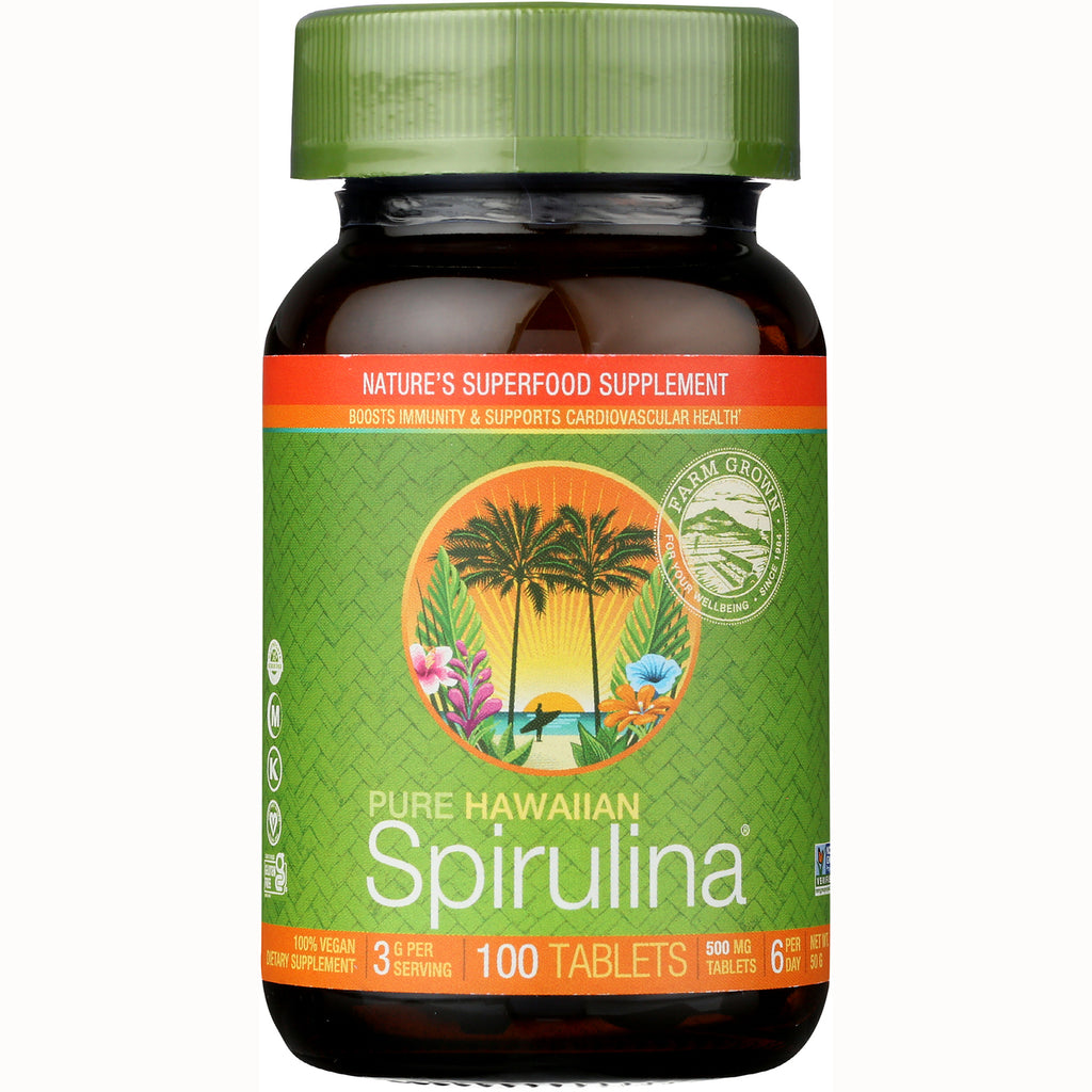 NUT011 | Brown bottle with green label reading Pure Hawaiian Spirulina, 100 TABLETS - Thumbnail