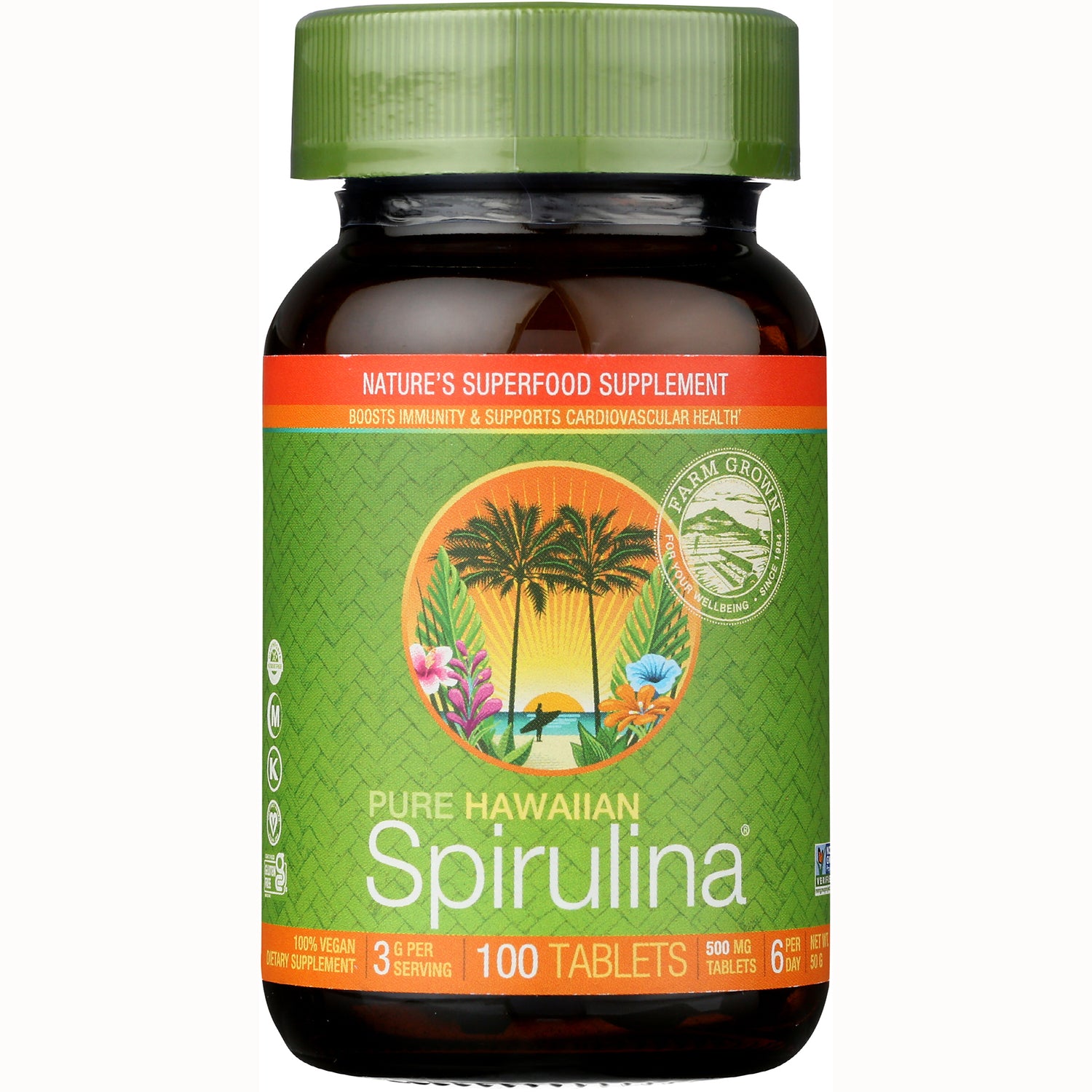 NUT011 | Brown bottle with green label reading Pure Hawaiian Spirulina, 100 TABLETS