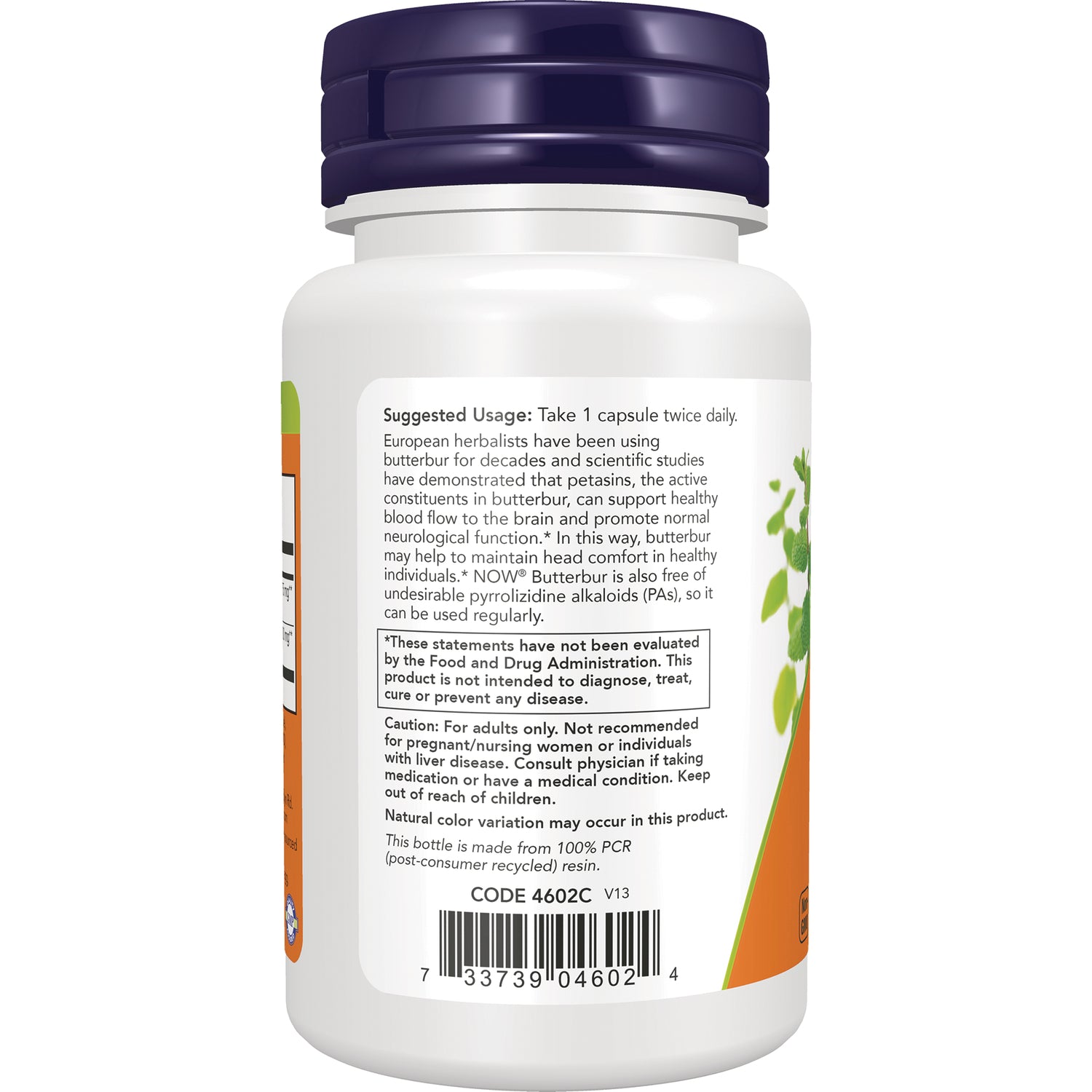 NWF531 | back label of white supplement bottle showing suggested usage text, caution box, and barcode