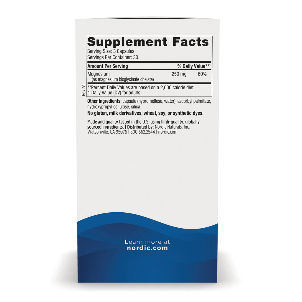 NRN141 | Back of supplement box with Supplement Facts panel showing magnesium 250 mg, other ingredients, and nordic.com - Thumbnail