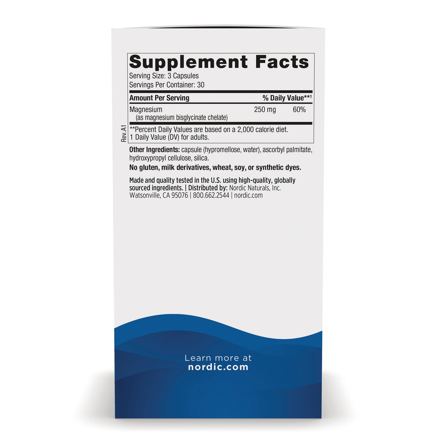 NRN141 | Back of supplement box with Supplement Facts panel showing magnesium 250 mg, other ingredients, and nordic.com