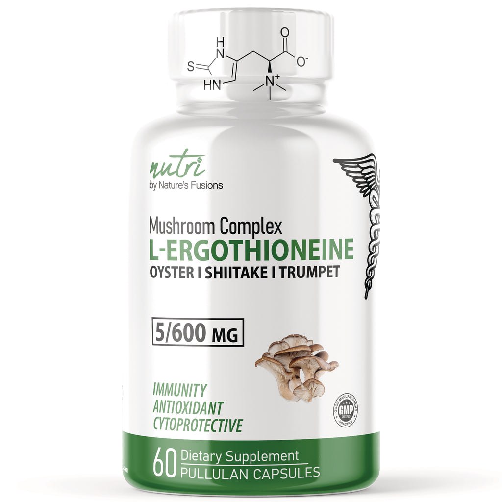 NFU007 | White supplement bottle labeled L-ERGOTHIONEINE Mushroom Complex 5/600 mg, 60 pullulan capsules - Thumbnail
