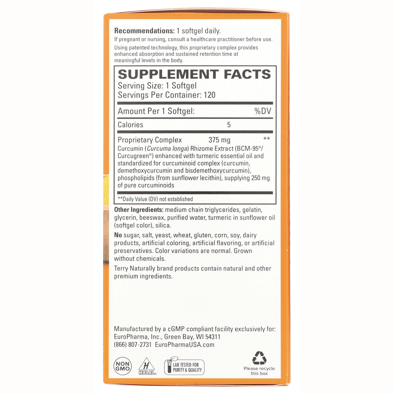 EUR055 | back of supplement box showing Supplement Facts panel, serving size 1 softgel and ingredient list