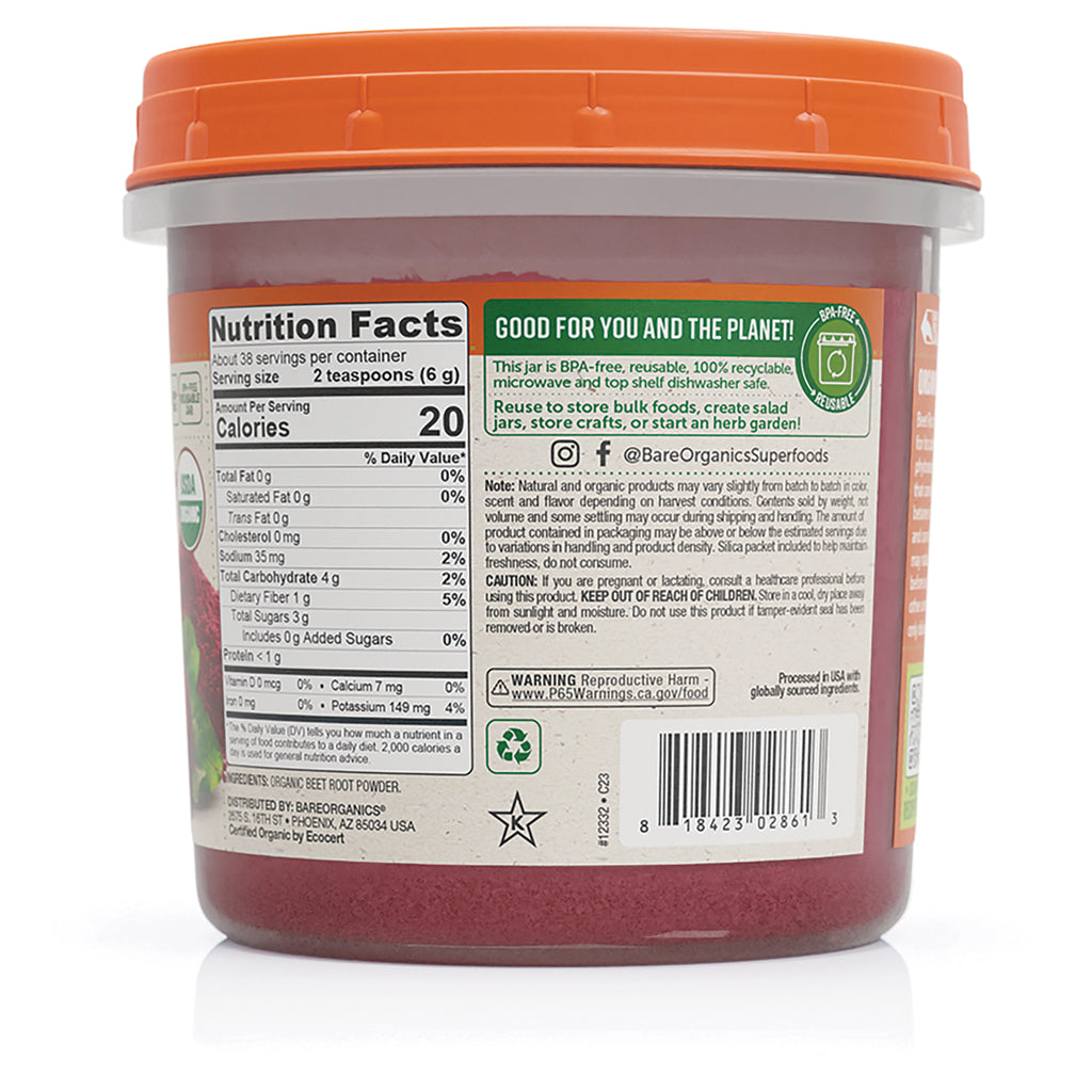 BOR002 | Back label showing nutrition facts, warnings, certifications, and barcode on red tub with orange lid - Thumbnail
