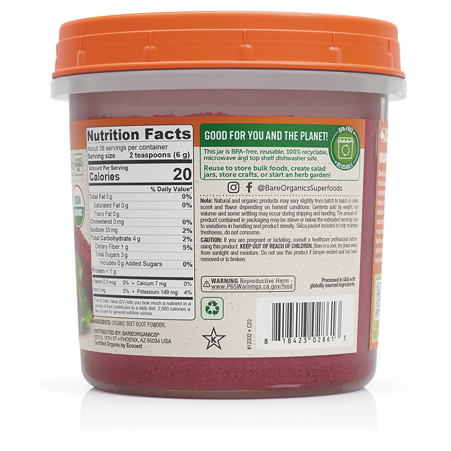 BOR002 | Back label showing nutrition facts, warnings, certifications, and barcode on red tub with orange lid